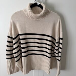 GAP Split-hem 100% Cotton Cream and Black Striped Turtleneck Sweater